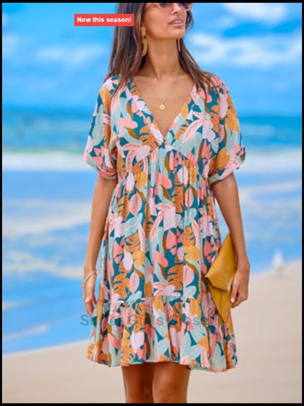 Tropical Ruffled Mini Dress V-Neck Short Sleeve Rayon A-Line Summer Casual - Picture 4 of 7